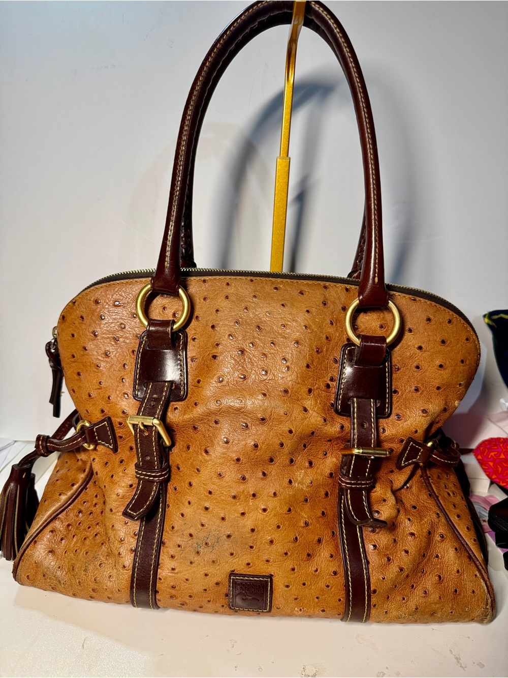 Dooney & Bourke Tan Ostrich-Style Satchel with Dark Brown Trim